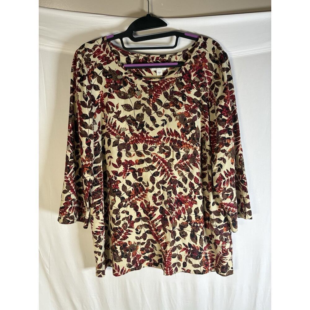 J Jill Womens M Cream Autumn Leaf Print Viscose Button Back Tunic Top Coastal - Picture 1 of 9